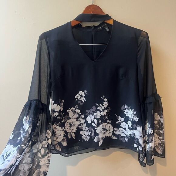 White House Black Market Black and White Floral Choker Blouse - Picture 6 of 9